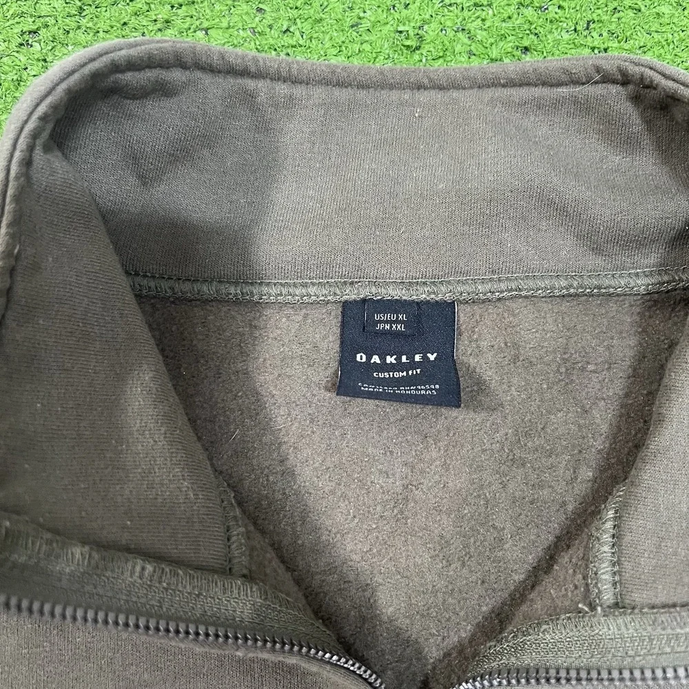 Y2K Oakley Sweatshirt XL Olive Drab Yellow Full Zip Fleece Jacket Mock‎ Neck EUC